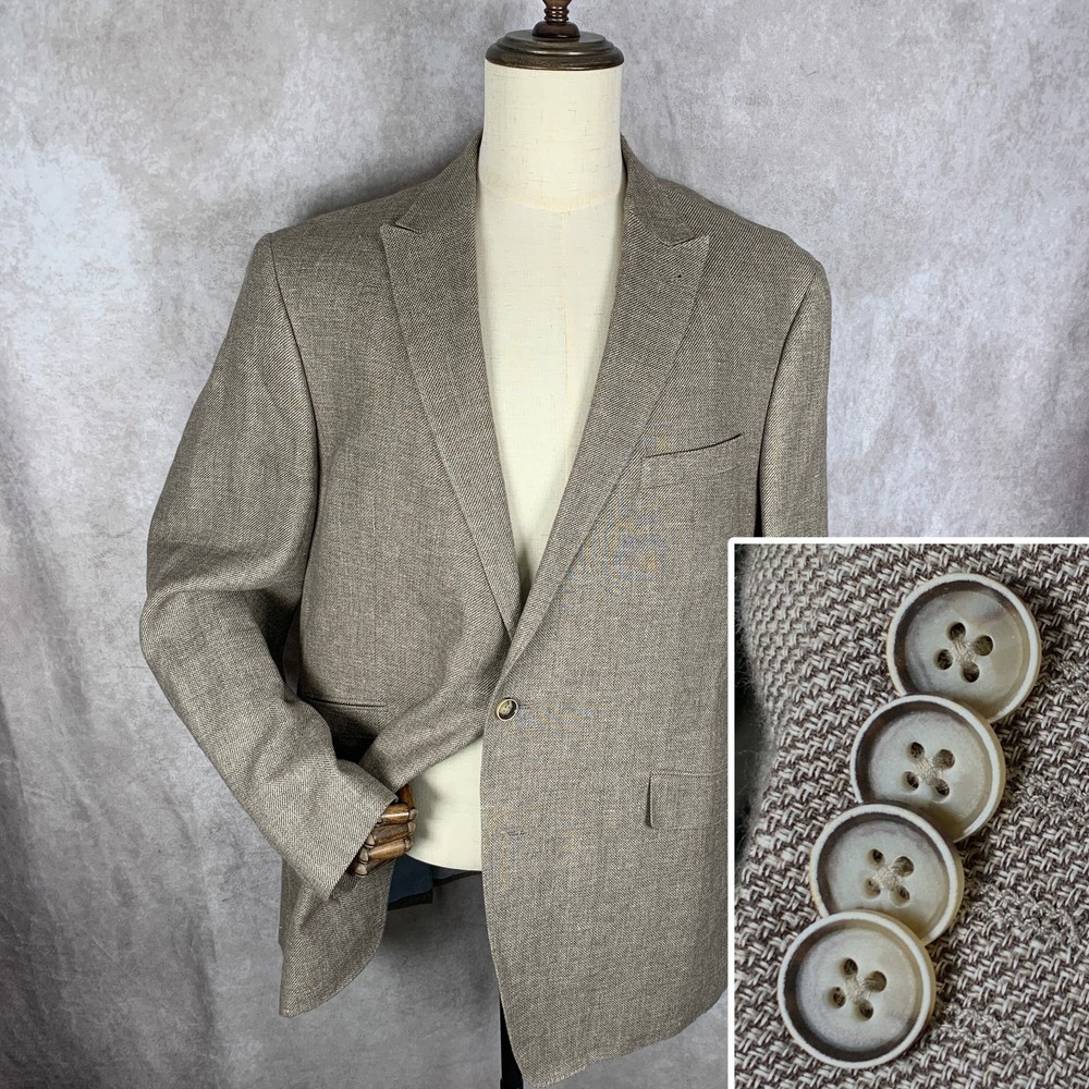 Joseph Abboud Linen Blazer Jacket Men 48L Slim Brown Elbow Patches Comero Suit